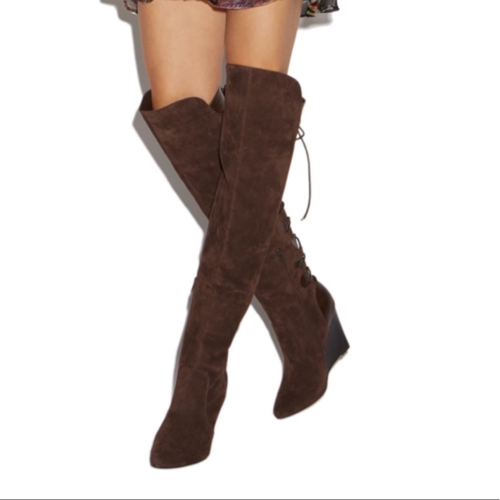 Shoedazzle Olga brown over the knee wedge boots.